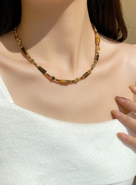 新中式复古串珠项链女新款ins小众设计感天然虎眼石锁骨链毛衣链