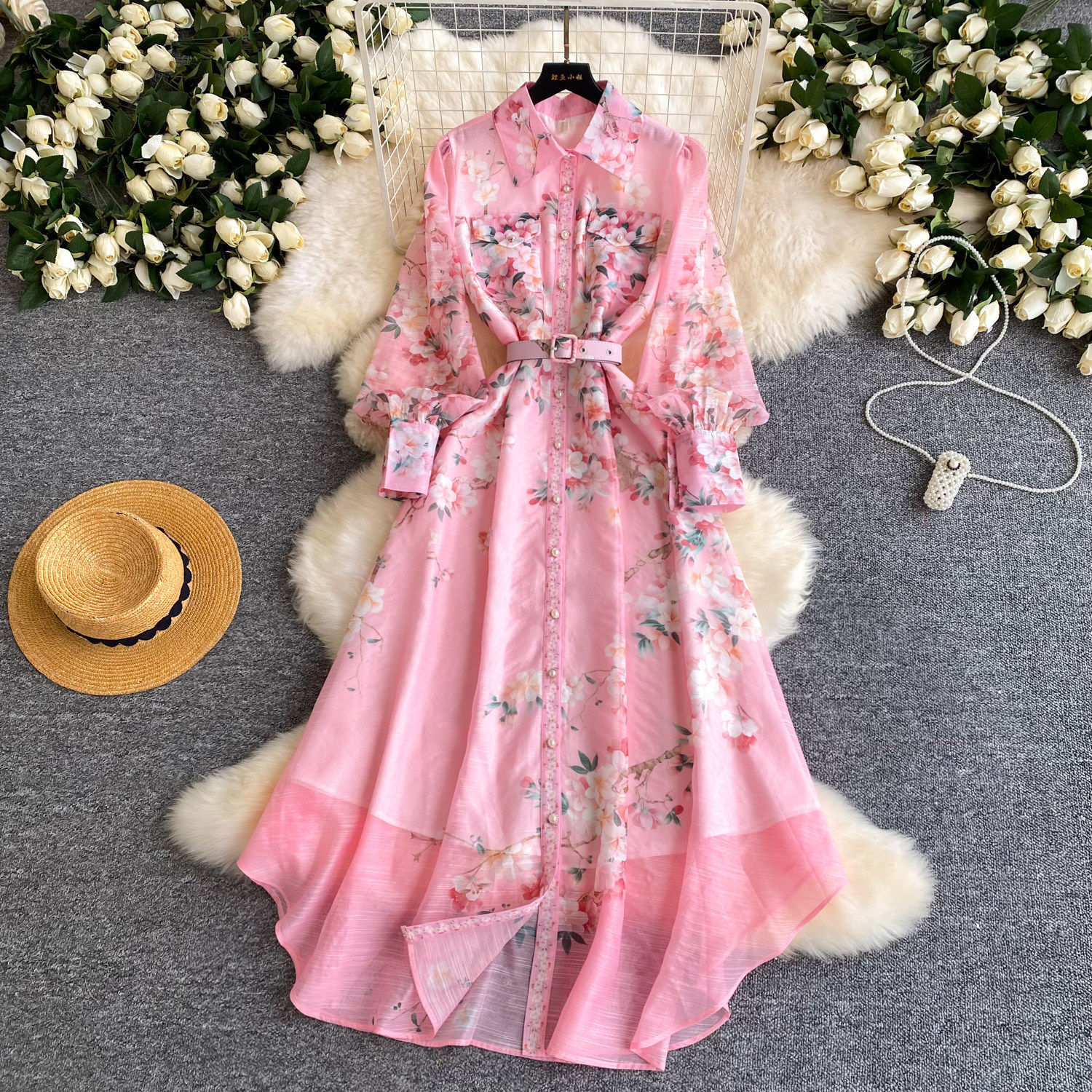 French Floral Print Long Sleeve A Line Dress Slim Fit Hollow Out Tie Waist Elegant Style Perfect for Office Wear