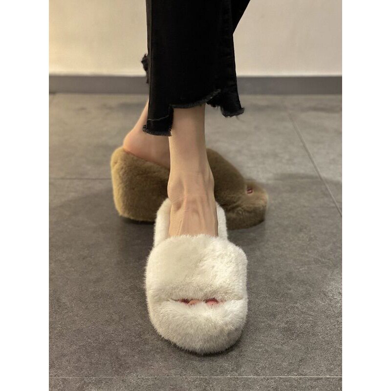 Furry Slippers for Women to Wear Outside Wedding Dresses 2025 Autumn and Winter Hot New Products Thick-Soled Wedge Heels Platform Heels to Increase Height