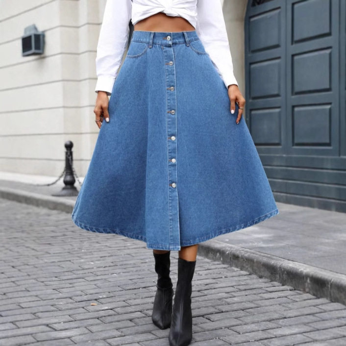 High Waisted A Line Denim Skirt Elegant Design Flowy Silhouette Casual Chic Wholesale Available