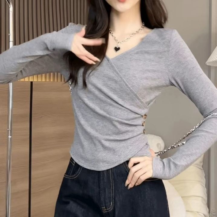 Casual Long Sleeve T Shirt for Women V Neck Slim Fit Autumn Fashion Available in Multiple Colors and Sizes