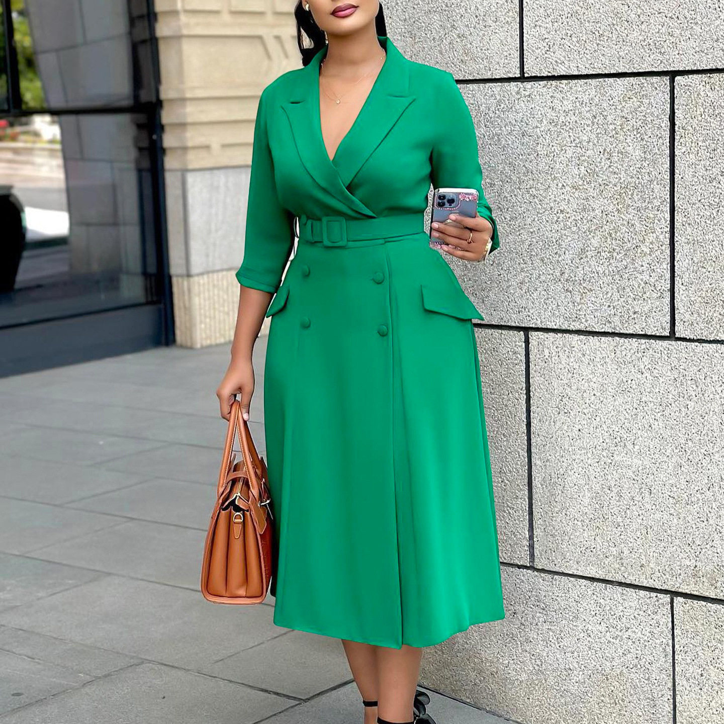 Double Breasted Blazer Dress Elegant Solid Color Mid Length Fashionable Design Perfect for Office or Casual Events