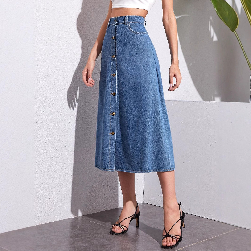 High Waisted Denim Midi Skirt Button Detail Trendy Design Casual Style Wholesale Availability