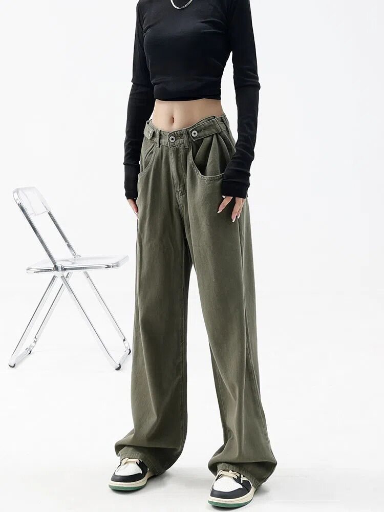 Womens Green High Waisted Straight Leg Jeans Adjustable Loose Fit Plus Size Casual Spring Fall Wear Wholesale