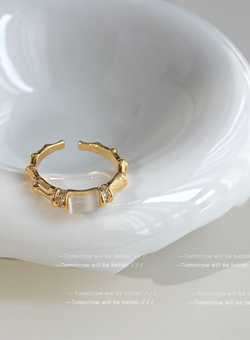 法式玻璃猫眼石竹节戒指开口可调节小众轻奢优雅百搭食指戒指环