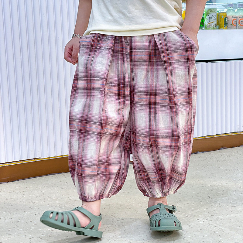 Lazy Style Retro Plaid Wide-Leg Pants, New Summer Elastic Waist Loose Mosquito-Proof Cropped Pants, Versatile Design