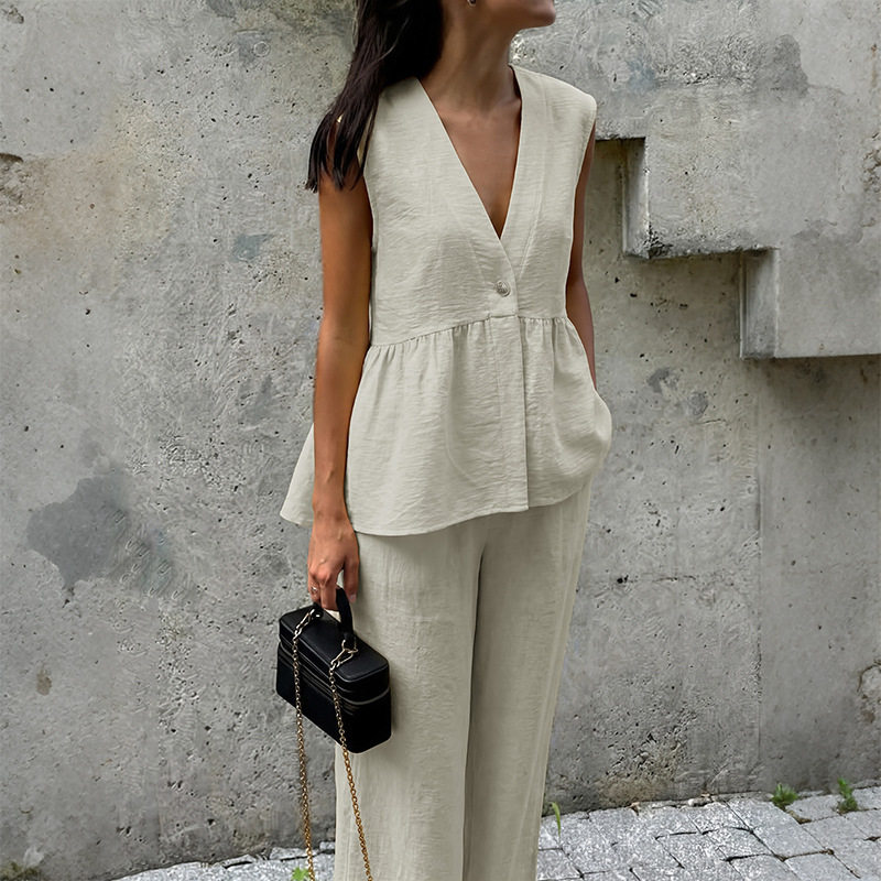 Sleeveless V Neck Vest and Pants Set Sweet Commuter Style Lightweight Linen Blend Wholesale Available