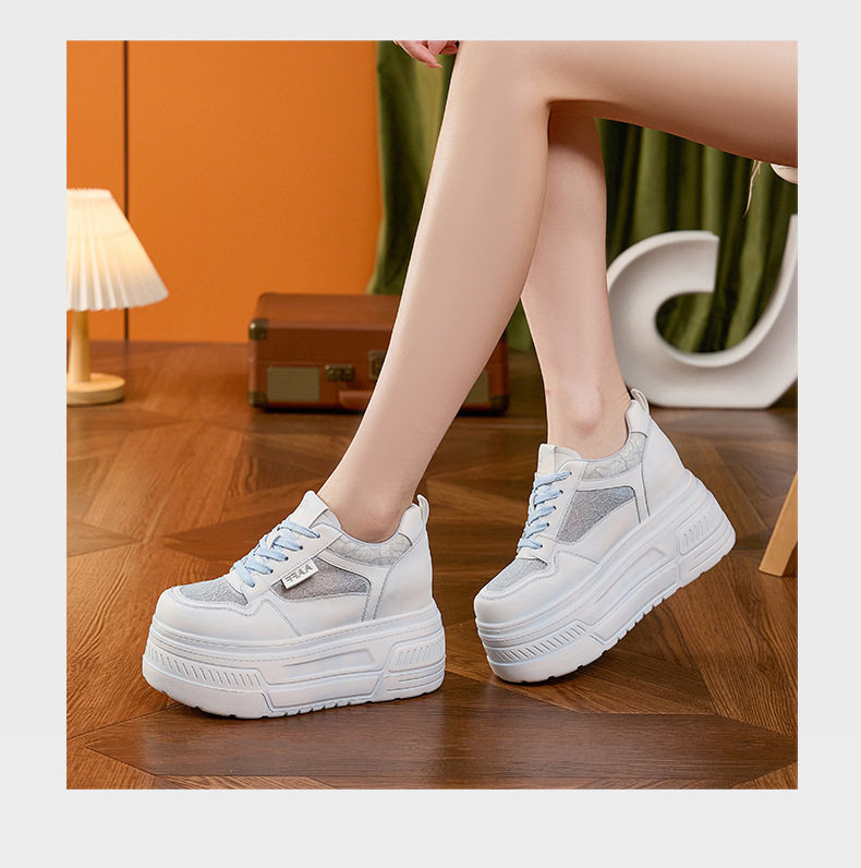 Giày platform nữ đế xuồng trắng thoáng khí, gót siêu cao 8 cm, mũi tròn, dây buộc phía trước — Xanh dương, Hồng, Xám, Trắng chi tiết 22
