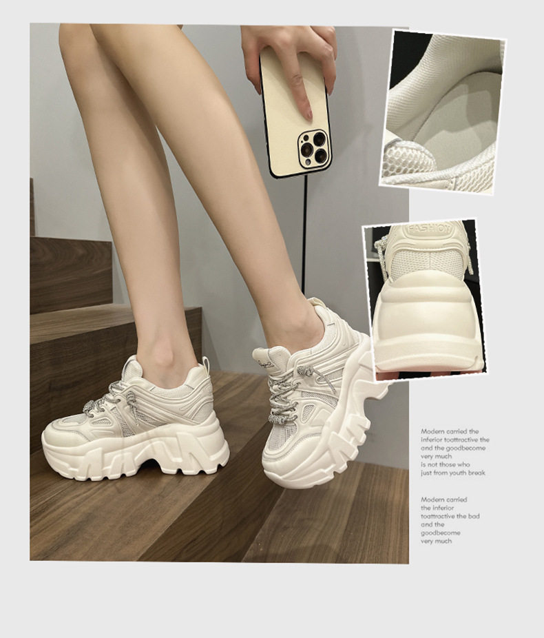 Giày sneaker nữ chạy bộ mesh thoáng khí đế cao 6-8 cm, mũi tròn, dây buộc — Len thuần, Ka ki chi tiết 2