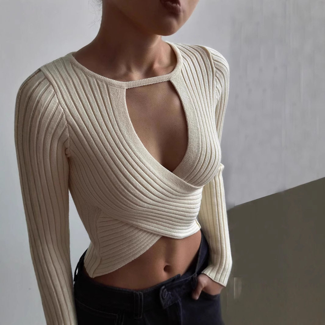 Womens Long Sleeve Cropped Top Hollow Out Design Ribbed Fabric Sexy Style Perfect for Fall Fashion Wholesale