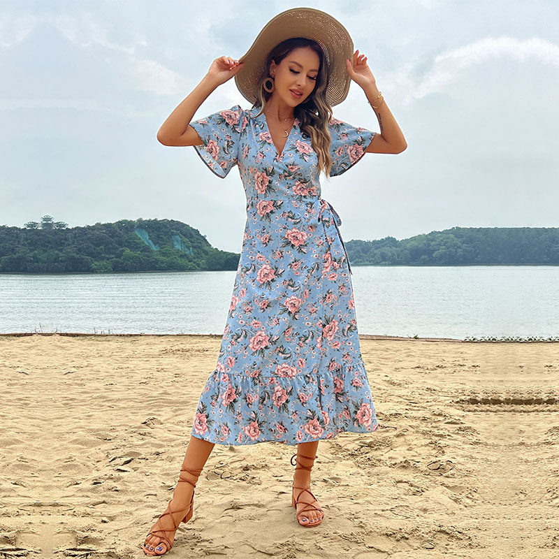 Elegant Summer Beach Dress for Women European Style Lace Up Design Lightweight Fabric Perfect for Vacations