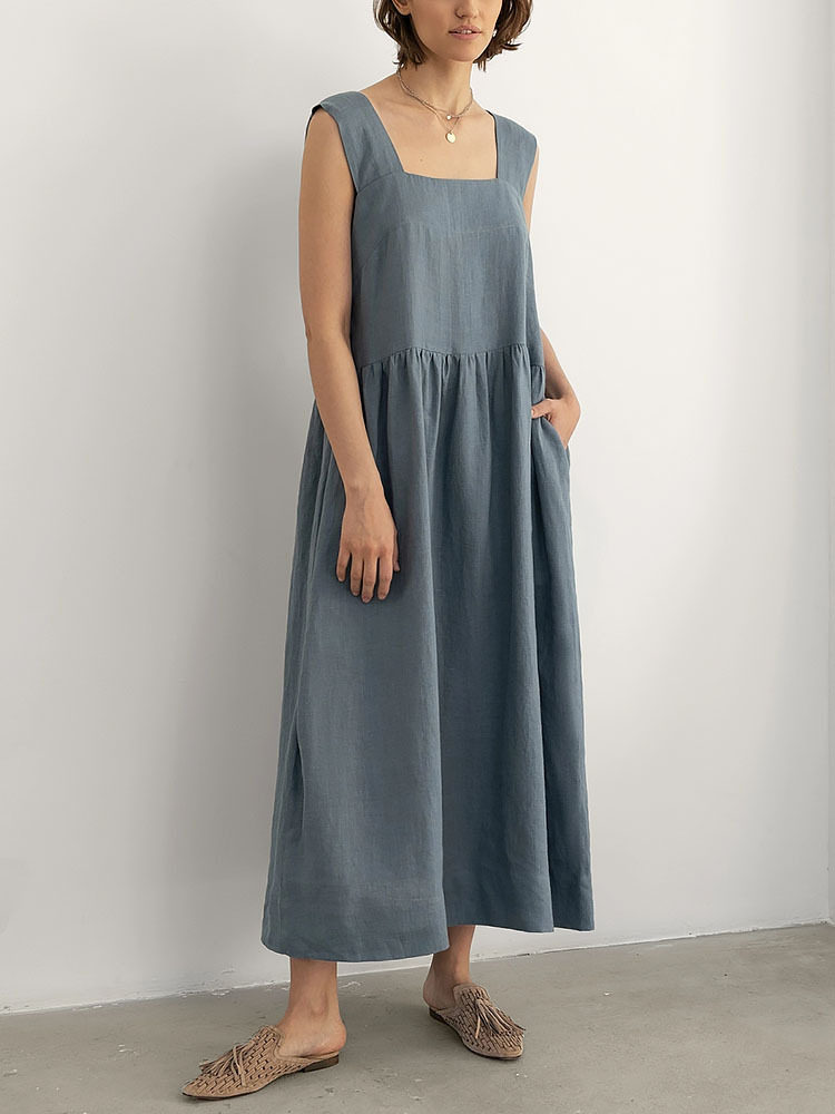 ワンピース】綿麻 スクエアネック ゆったり カジュアル ノースリーブ