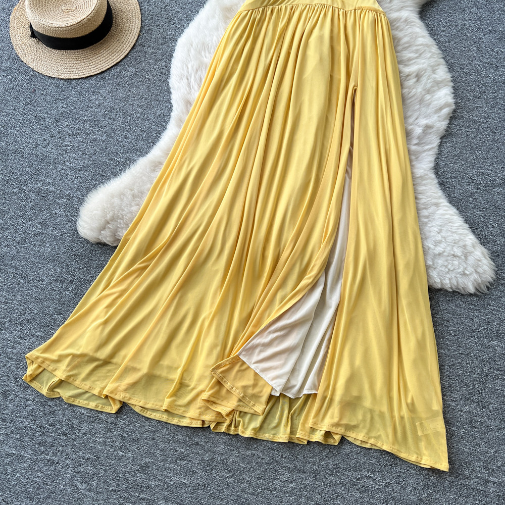 Yellow V Neck Halter Maxi Dress for Women Summer Vacation Style Slim Fit A Line Silhouette Beachwear Wholesale