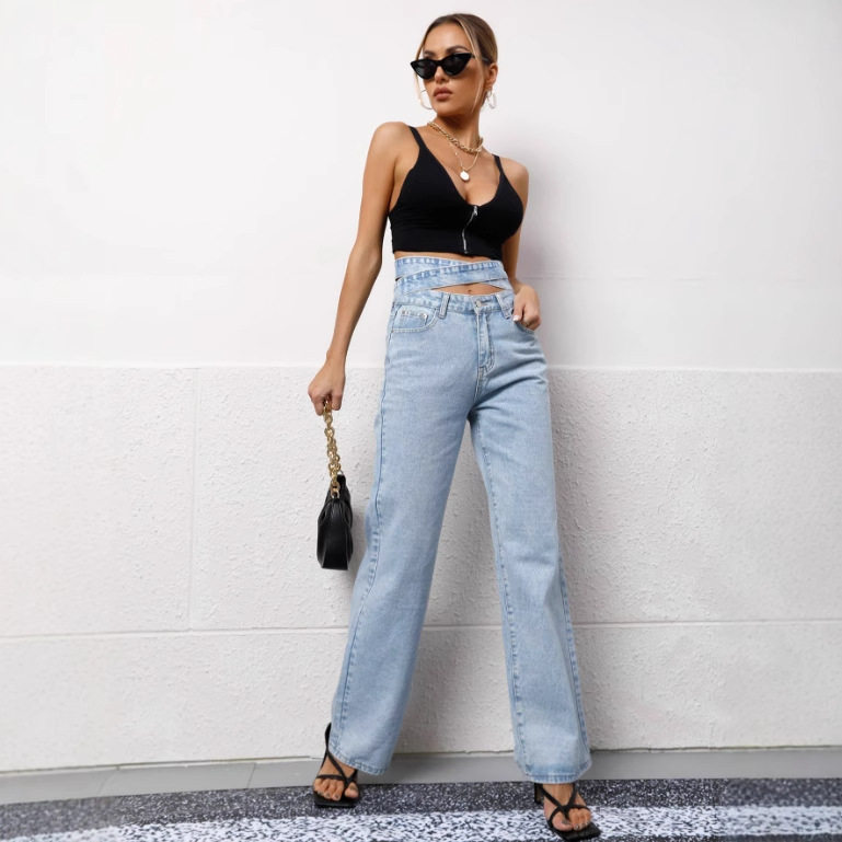 High Waisted Wide Leg Jeans Summer Style Tie Design Washed Fabric Casual Wear for Women Ready to Ship