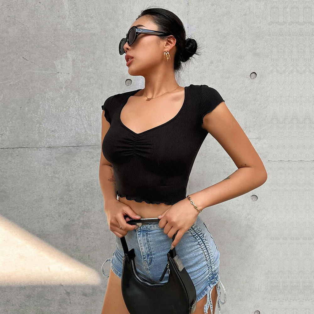 V Neck Ruched Slim Fit T Shirt Stretchy Cropped Solid Color Short Sleeve Summer Casual Wear Wholesale Available