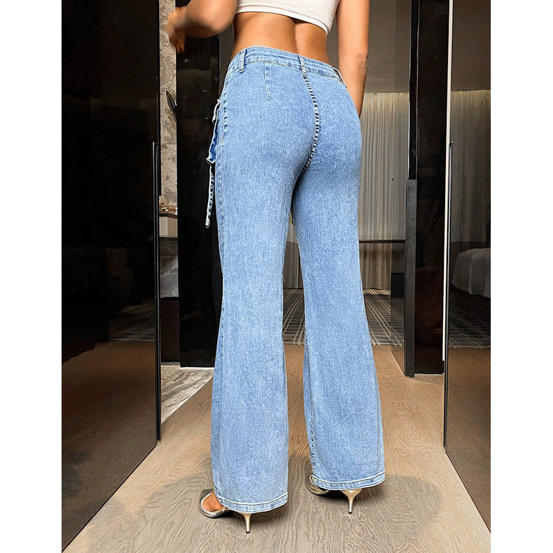 High Waisted Denim Straight Leg Pants Womens Fashion Pocket Design Stretch Fabric Casual Wear Wholesale Available