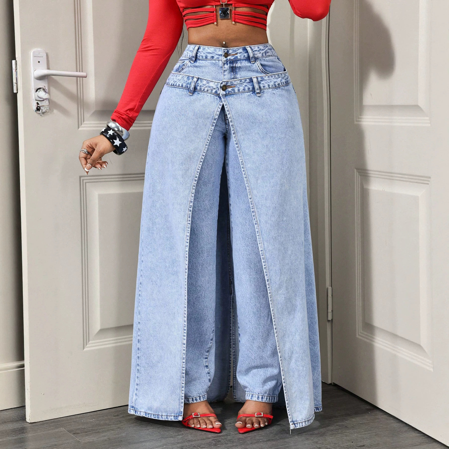 Double Layer High Waisted Split Hem Wide Leg Womens Denim Pants Stylish Comfortable Versatile Wholesale Available