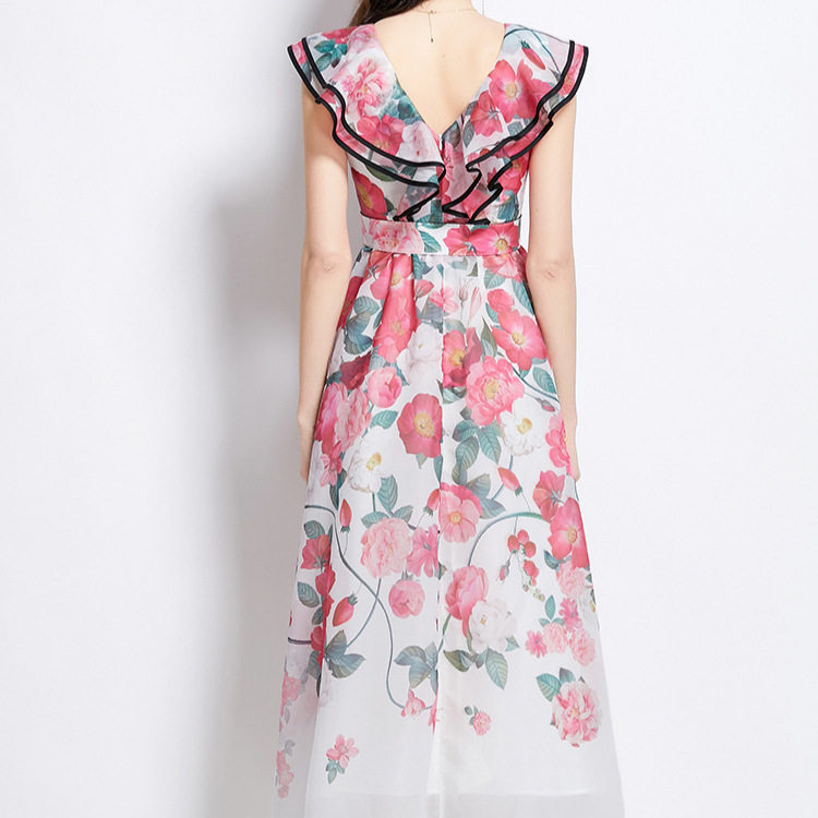 Elegant Summer Dress for Women Ruffled Hem V Neck Waist Defining Floral Print Flowy Maxi Perfect for Parties and