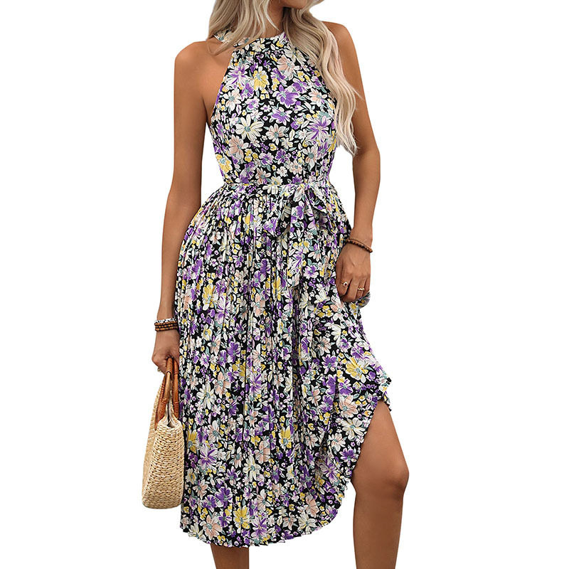 Elegant Pleated Floral Print Halter Dress Beach Vacation Style Perfect for Summer Getaways Wholesale Available