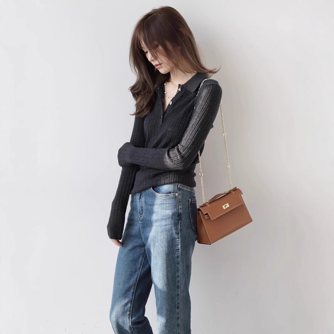 MZOXMO气质polo领优雅大方澳洲美丽诺羊毛竖条纹针织衫女春秋毛衣