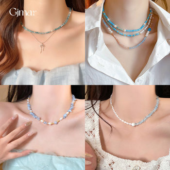 Aquamarine bow fashion necklace net popular simple temperament trend clavicle chain light luxury high sense necklace wholesale