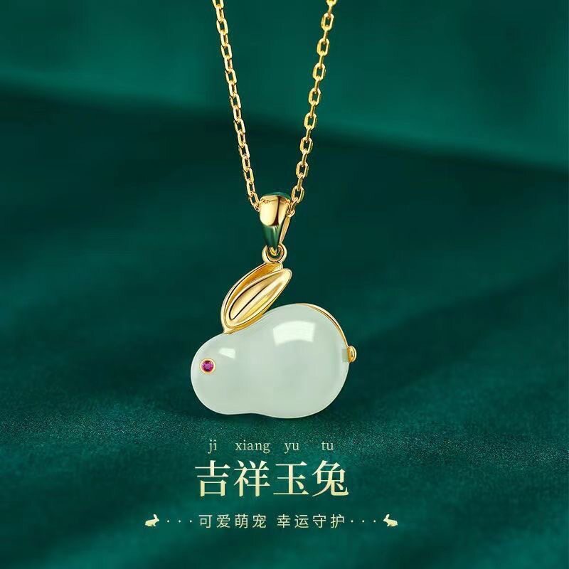 New Chinese style jade rabbit necklace for women, ins niche...