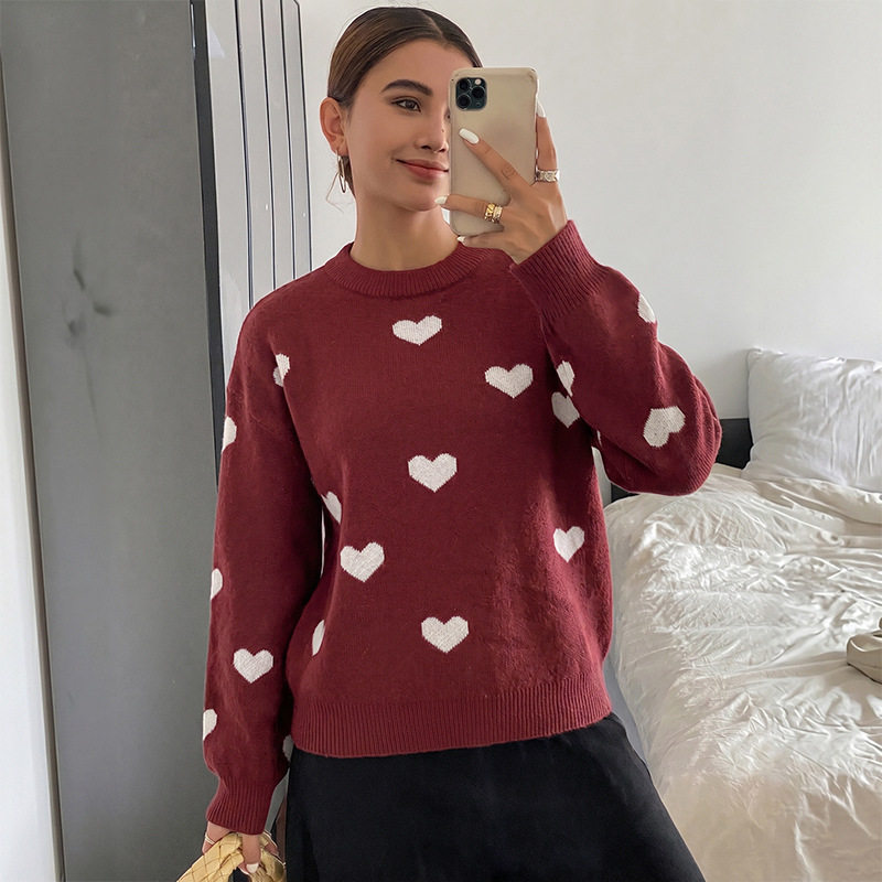 Vintage Sweetheart Jacquard Sweater Round Neck Long Sleeve Cozy Knit Autumn Winter Fashion Wholesale Available
