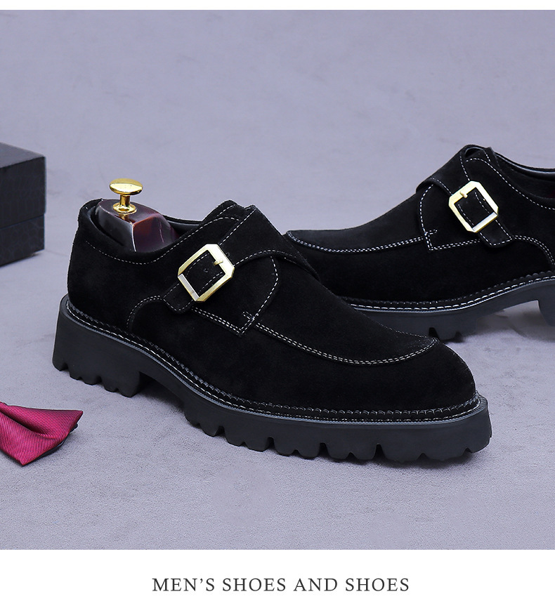 Giày loafer nam da bò lộn mũi tròn khóa cổ điển đế dày tăng chiều cao — đen, màu nâu mocha