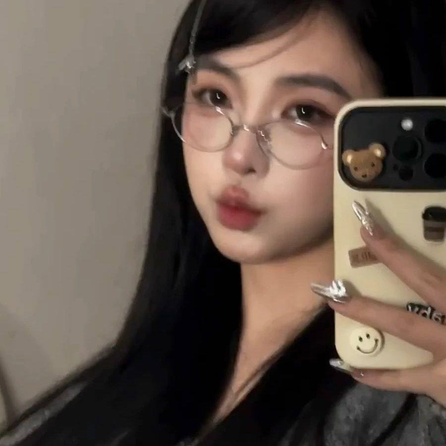 New Oval Ultra Light Small Face Myopia Glasses Women's Flat Glasses Trendy Pure Gold Silk Glasses Frame Trendy Plain Small Frame