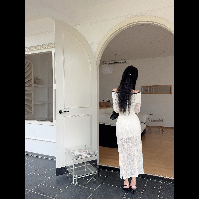 Off Shoulder Dress French Style Romantic Atmosphere Flared Sleeves Color Block Waist Defining Perfect for Evening