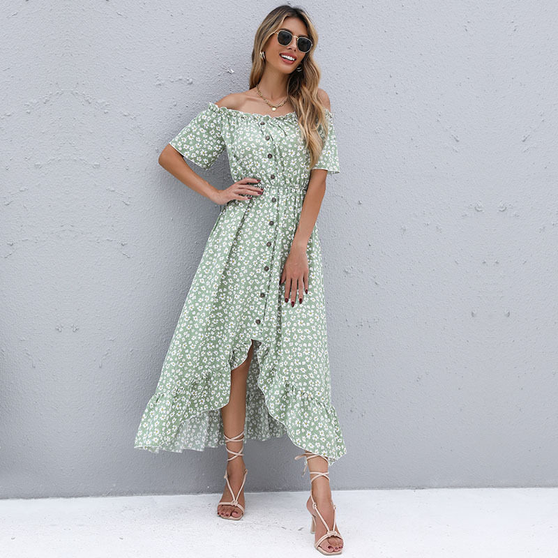 Vintage Floral Print Asymmetrical Off Shoulder Dress Short Sleeve Sweet Style Summer Wear Wholesale Available