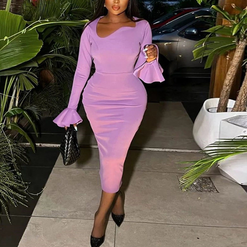 Fashionable Long Sleeve A Line Dress Round Neck Solid Color Midi Length Side Slit Irregular Hem Casual Wear OEM