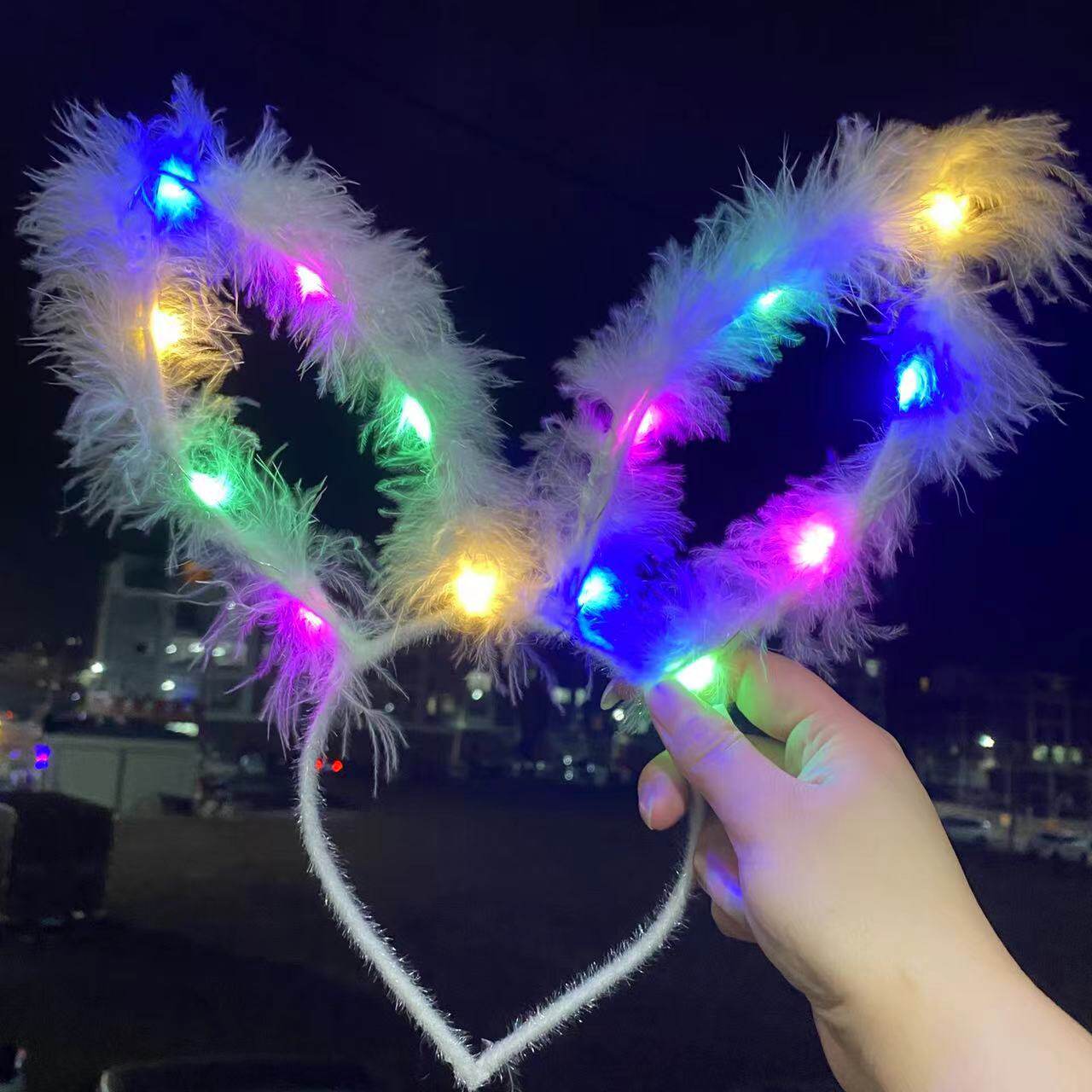 跨境热卖14灯毛毛兔耳朵发光发箍地推金丝羽毛猫耳朵发光头箍玩具