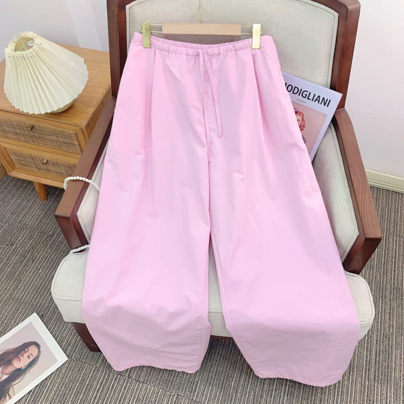 Quần dài nữ ống suông nhẹ dây rút lưng thun dáng dài — Cao cấp màu đen cổ điển, Màu hồng thời trang Budapest, Màu trắng cổ điển cao cấp (vải lụa cotton chống thấm)
