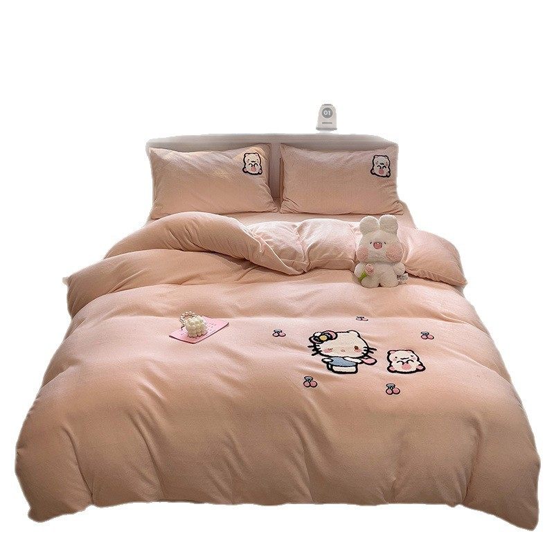 Cartoon Milk Velvet Four-Piece Winter Thickeneded Flannel Quilt Cover Bed Sheetss Student Dormitory Three-Piece Fleece-Lined Bedding Set