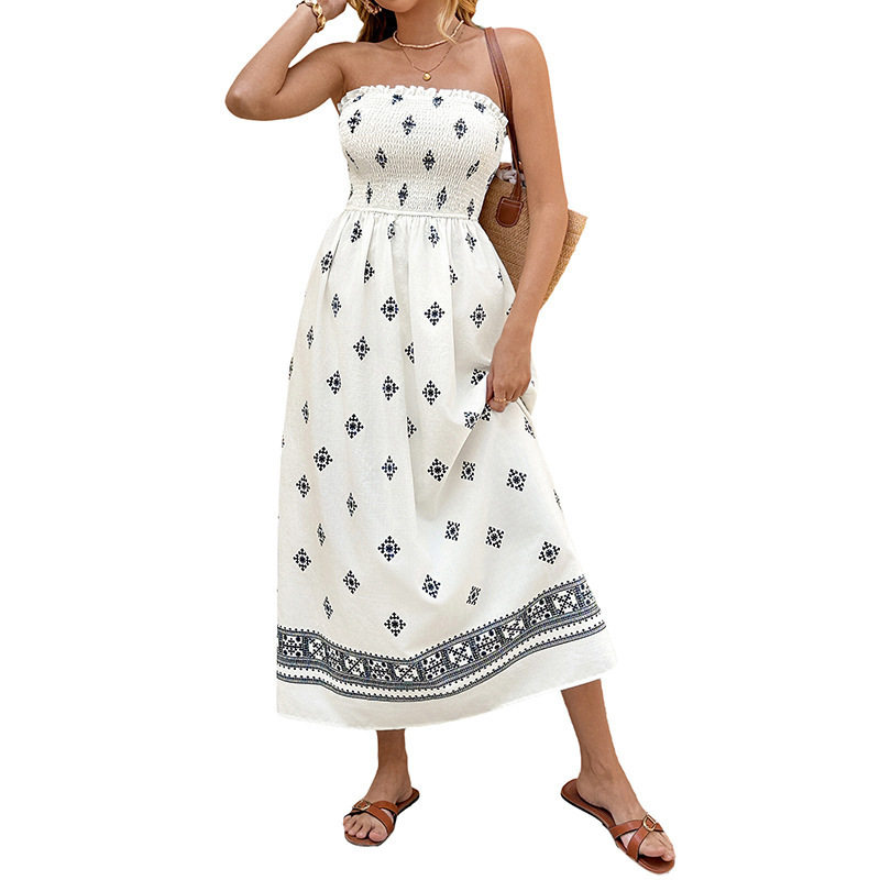Geometric Print Strapless Dress Summer Vacation Style Vintage Ethnic Design Available for Wholesale