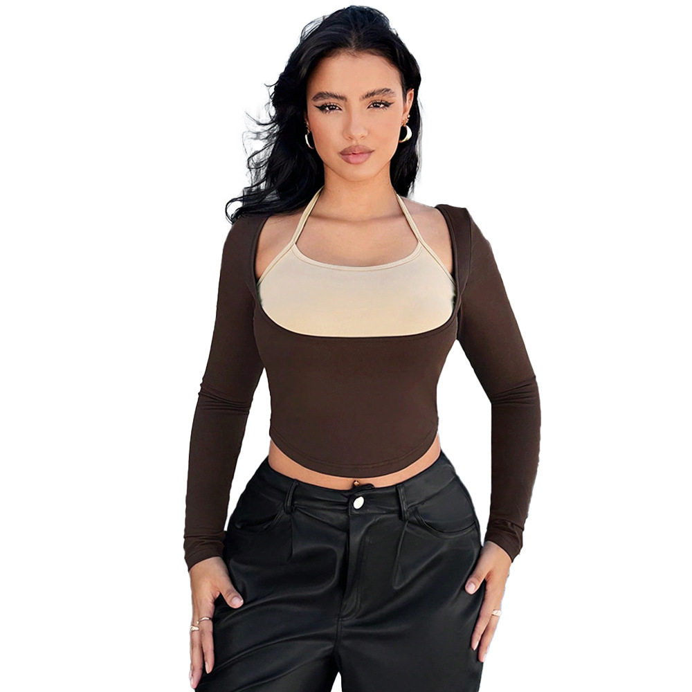 Color Block Hollow Out Halter Long Sleeve Top Slim Fit High Waist Stylish Design Perfect for Casual and Evening Wear