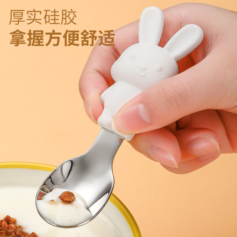 Cross-border new cartoon children's tableware suit baby food supplement training drop-resistant rice silicone stainless steel fork spoon
