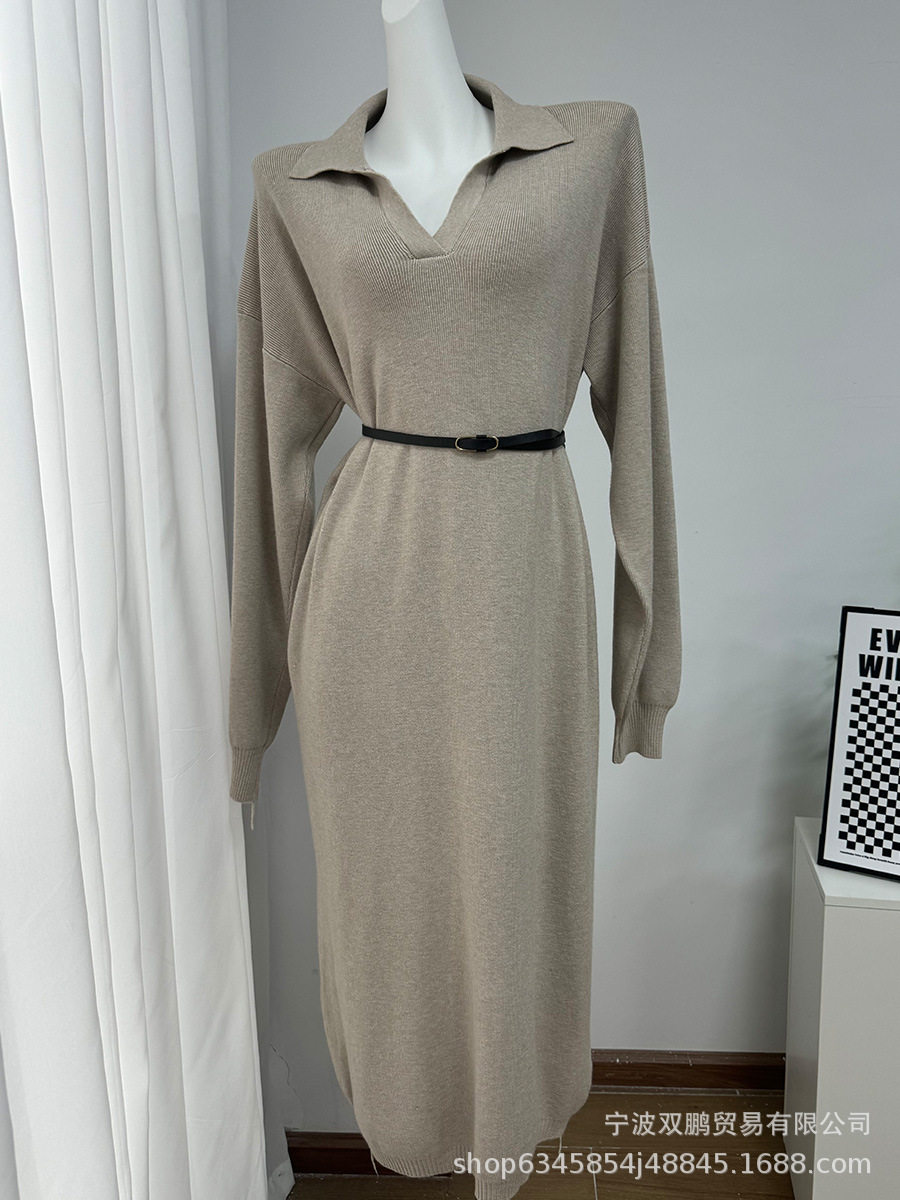 Long Sweater Dress Soft Fabric Scissor Collar Loose Fit Elegant Style Autumn Winter Fashion Wholesale Available