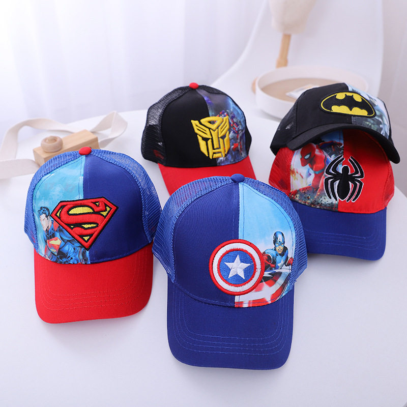 หมวกเด็กฤดูร้อนแบบใหม่ หมวกกันแดดลายการ์ตูนมาร์เวล หมวกปีกแหลมลายมนุษย์แมงมุม หมวกเบสบอลลายทรานส์ฟอร์เมอร์ส หมวกตาข่าย