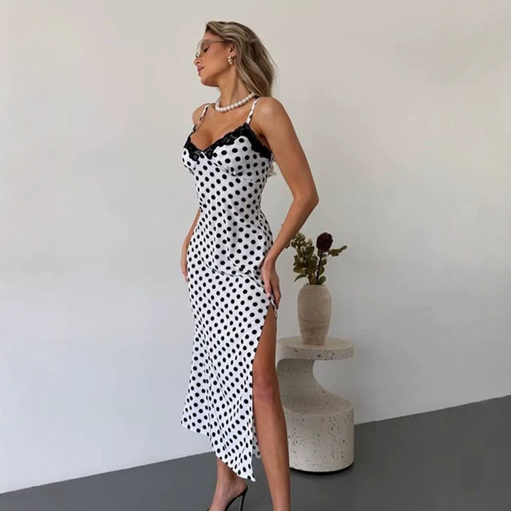 Summer Sleeveless Dress Elegant Polka Dot Print Lace Panel V Neck Slim Fit Side Slit Perfect for Parties or