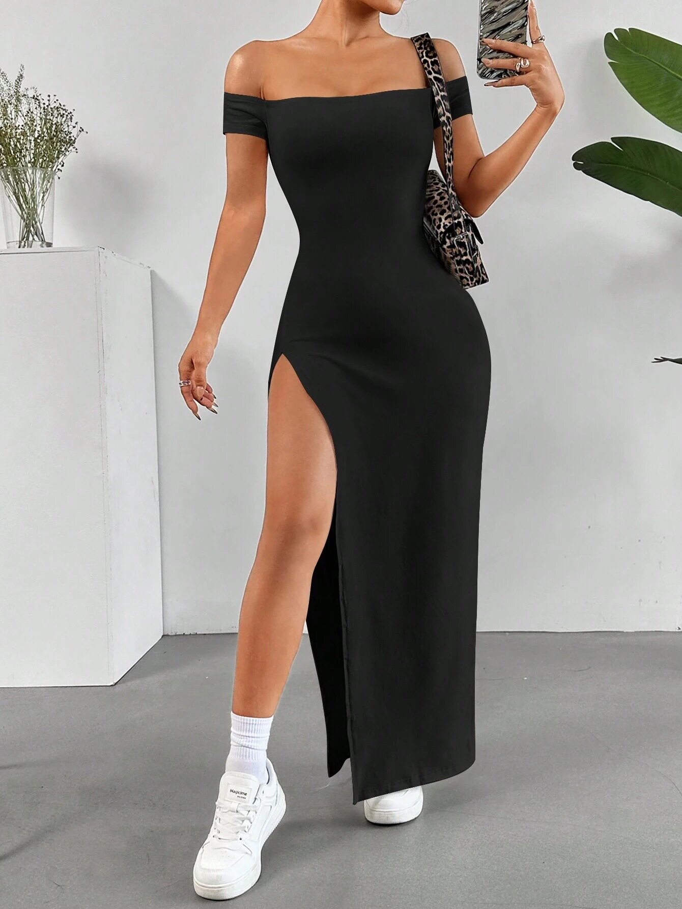 Elegant Black Off Shoulder Midi Dress Sexy Split Design Spring Summer Fashion Wholesale Available