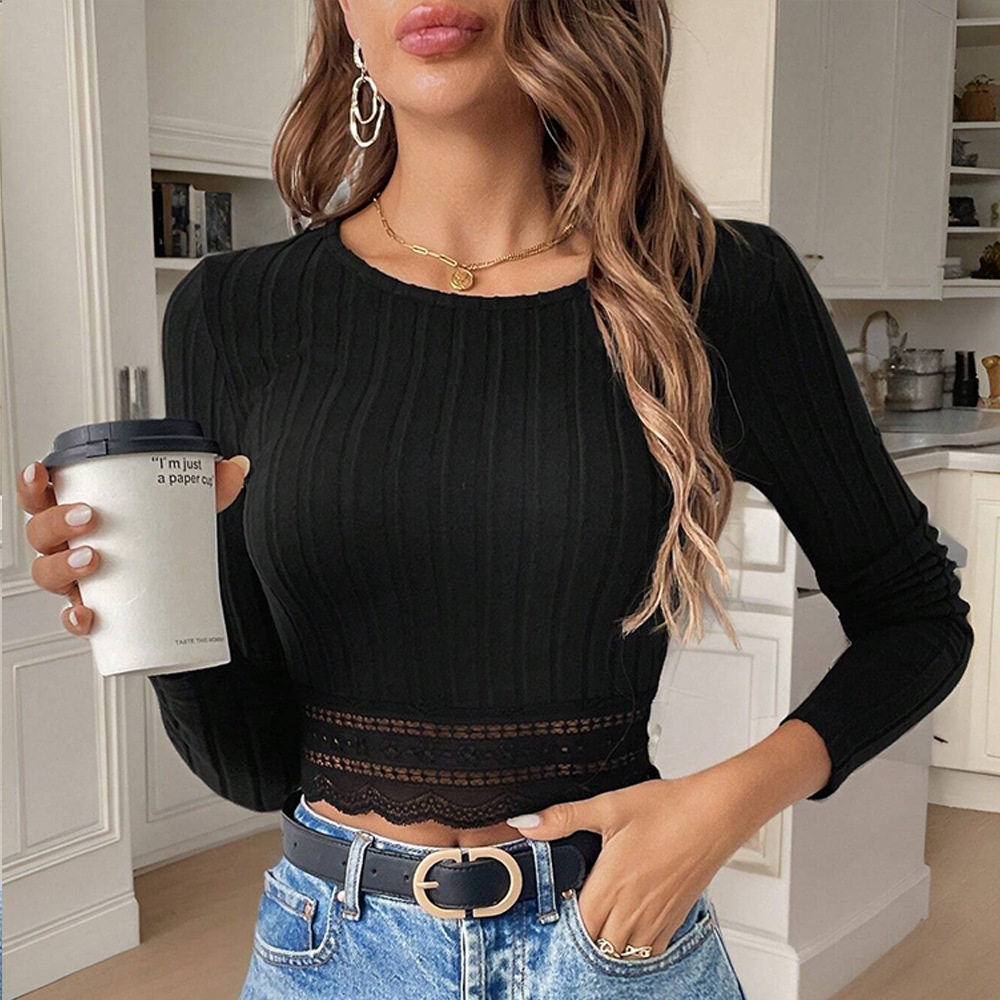 Womens Lace Trim Long Sleeve T Shirt Slim Fit Versatile Style Spring Summer Essential Wholesale Available