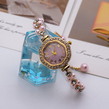 DIY French Romantic Small Pearl Diamond Bracelet Watch Elegant Ladies Watch Digital Mother-Of-Pearl Dial Quartz Watch