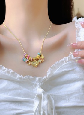 古法沙金多巴胺珐琅彩diy星月陨石星星项链女轻奢时尚百搭锁骨链