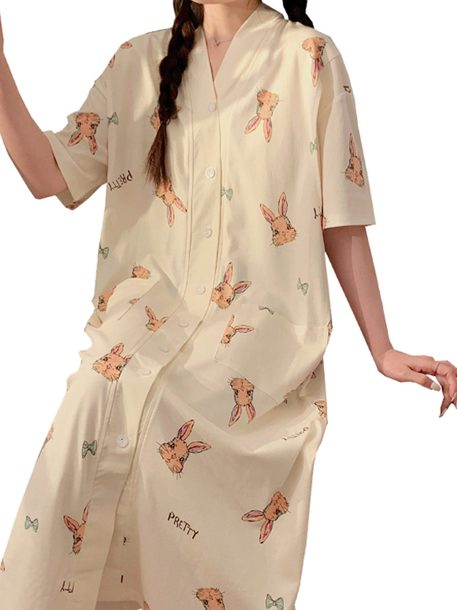 Breastfeeding Dress Summer Cotton with Chest Pad Postpartum Maternity Short-sleeved Nightgown Pregnant Women's Nightgown Pregnant Women's Nightgown