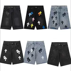 24Ss High Street Trendy Brand Washed Distressed Retro Cross Leather Loose Straight Casual Men's Denim Shorts Mid-Pants