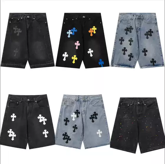 24Ss High Street Trendy Brand Washed Distressed Retro Cross Leather Loose Straight Casual Men's Denim Shorts Mid-Pants
