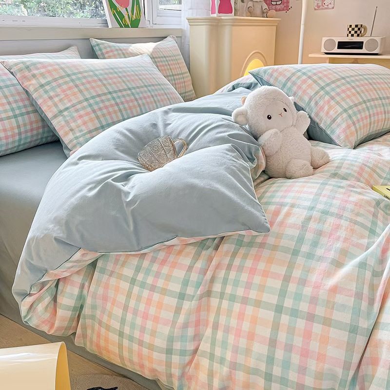 Washed Cotton Bed Bed Sheetss Four-Piece Quilt Cover Single-Piece Student Dormitory Single and Double Bedding Set Three-Piece Set for All Seasons