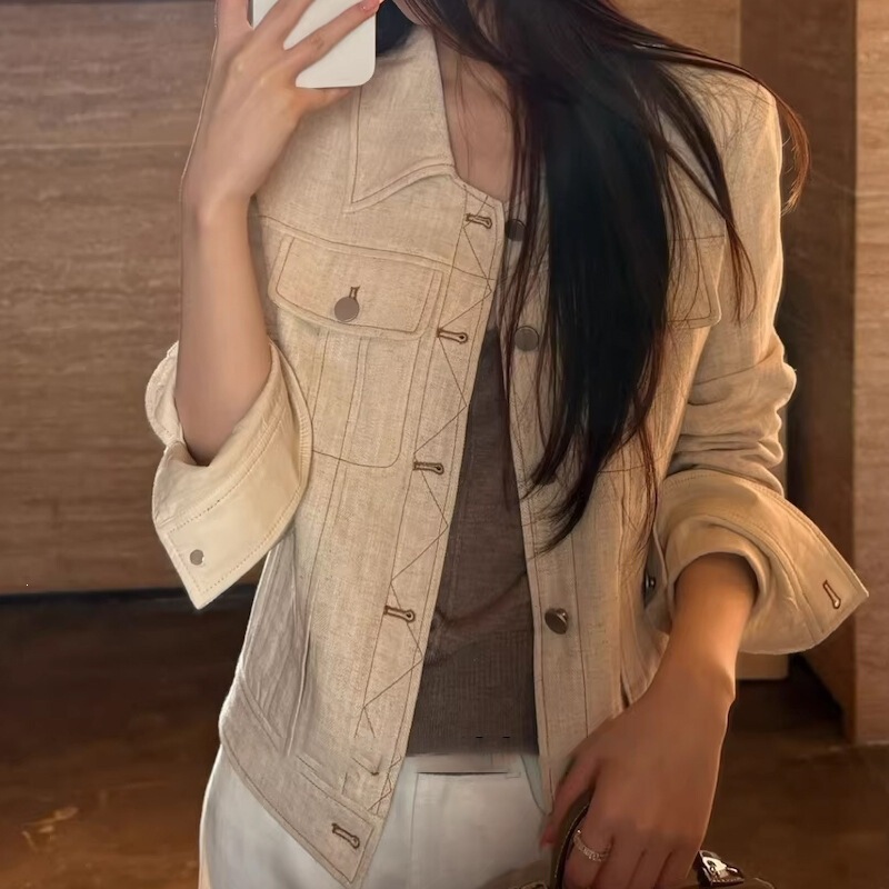 Áo khoác denim nữ dáng ngắn chất liệu vải lanh phong cách thanh lịch — Màu be nhạt